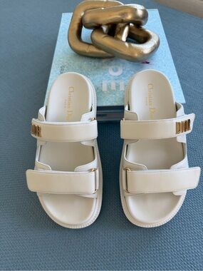 Dior Off-White Leather Slides with Gold Accent - BRAND NEW